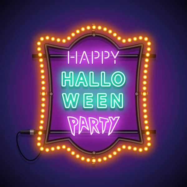 Feliz festa de Halloween Sinal de néon em um quadro de lâmpada —  Vetores de Stock
