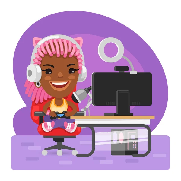 Cartoon Gamer Girl Streamer — Vetor de Stock