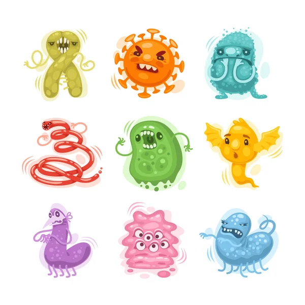 Virussen en Bacteriën Cartoon Personages Set — Stockvector