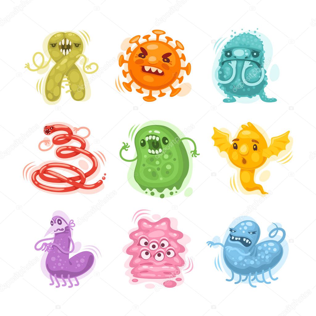 Viruses and Bacteria Cartoon Characters Set