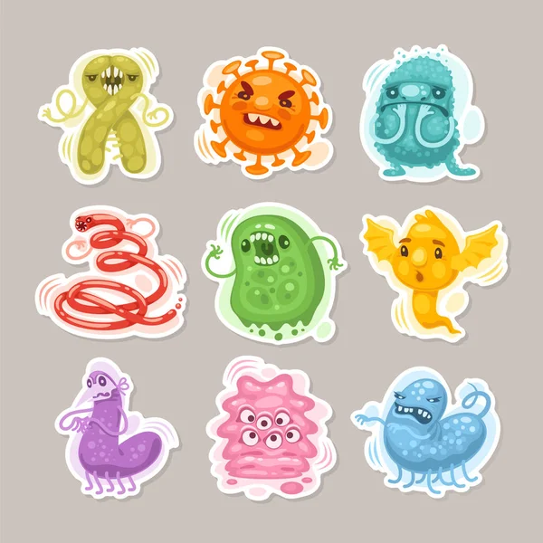 Viruses and Bacteria Cartoon Stickers Set — Stock Vector