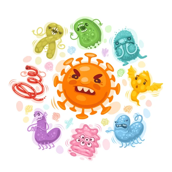 Ilustración de dibujos animados de virus y bacterias — Vector de stock