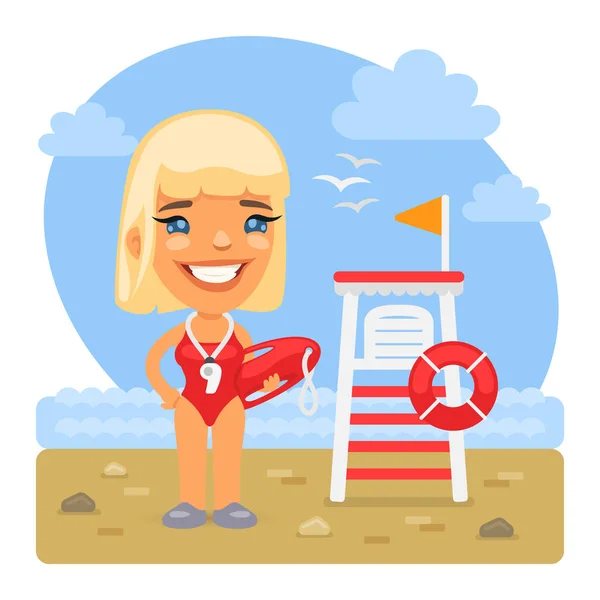 Cartoon Lifeguard on the Sea Beach — Stock Vector