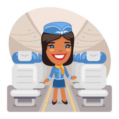 Kabinde gülümseyen bir karikatür hostesi. Profesyonel bir kadınla kompozisyon. Düz kadın karakteri.