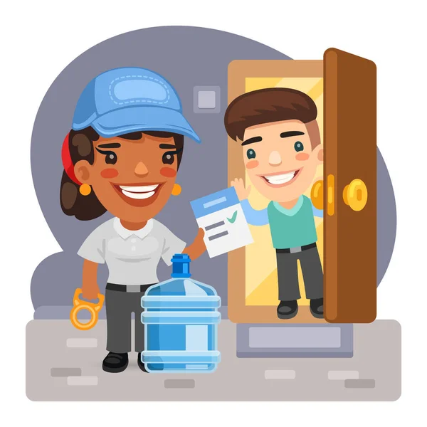 Cartoon Character Water Delivery Woman Brought Water Customer Apartment Composition — Stock Vector