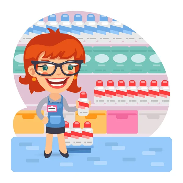 Cartoon Girl Seller Arranges Goods Shelves Store Composition Professional Flat — Stock Vector