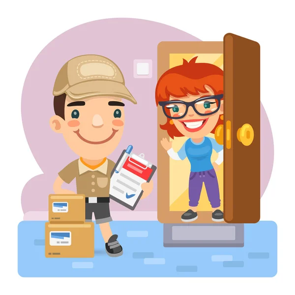 Cartoon Character Deliveryman Delivered Parcels Apartment Composition Professional Flat Characters — Stock Vector