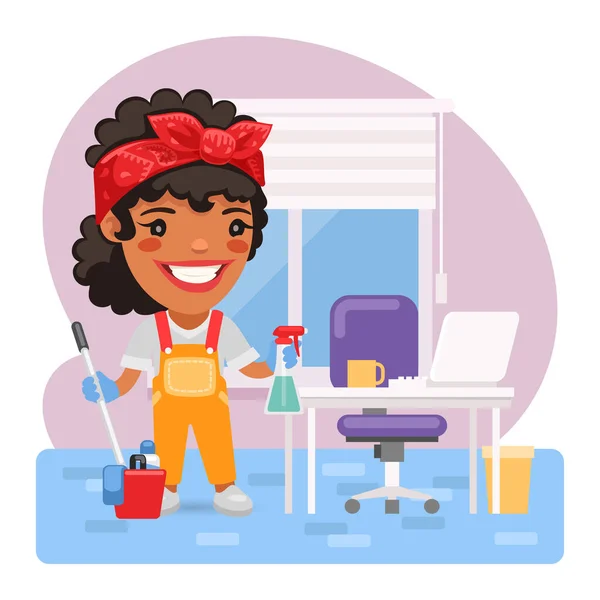 卡通女清洁工在办公室工作 一个职业女性的作文 平坦的女性角色 — 图库矢量图片