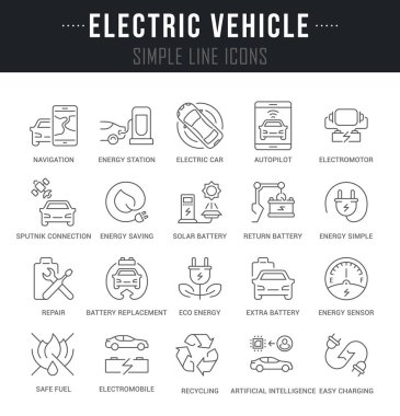 Anahat işaret ve sembolleri adları ile elektrikli araç kümesi. Simgeler ve infographics koleksiyonu vektör ince çizgi öğeleri. Web grafikleri ve uygulamalar için basit doğrusal piktogram paketi.