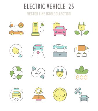 İnce çizgi elemanları ile toplama vektör düz simgeler. Bir modern, temiz ayarla, anahat imzalar, sembol ve vektör sanat elektrikli araç. Web için basit doğrusal Infographic ve sembol serisi.