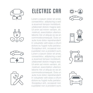 Elektrikli otomobil çizgi çizimi. Web afiş ve basılı malzemeleri için kavram. Web sitesi banner ve açılış sayfası için şablon.