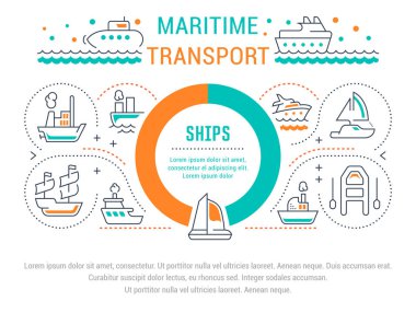 Deniz taşımacılığı çizgi çizimi. Web afiş ve basılı malzemeleri için kavram. Web sitesi banner ve açılış sayfası için şablon.