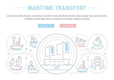 Deniz taşımacılığı çizgi çizimi. Web afiş ve basılı malzemeleri için kavram. Düğmelerle Web sitesi banner ve açılış sayfası için şablon.