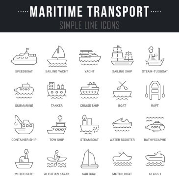 Anahat işaret ve sembolleri adları ile deniz ulaşım araçları kümesi. Simgeler ve infographics koleksiyonu vektör ince çizgi öğeleri. Web grafikleri ve uygulamalar için basit doğrusal piktogram paketi.