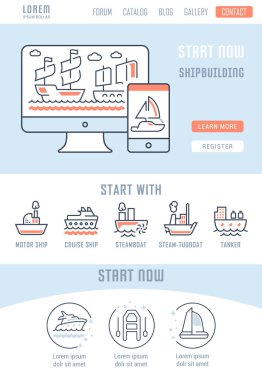 Gemi yapımı çizgi çizimi. Web afiş ve basılı malzemeleri için kavram. Düğmelerle Web sitesi banner ve açılış sayfası için şablon.