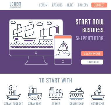 Gemi yapımı çizgi çizimi. Web afiş ve basılı malzemeleri için kavram. Düğmelerle Web sitesi banner ve açılış sayfası için şablon.