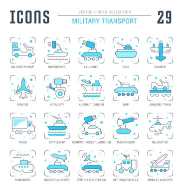 Vektör düz simgeler koleksiyonu askeri nakliye ince çizgi unsurları ile. Temiz tasarım ve anahat işaretleri kümesi. Web grafikleri ve uygulamalar için basit doğrusal infographics ve sembollerin paketi.