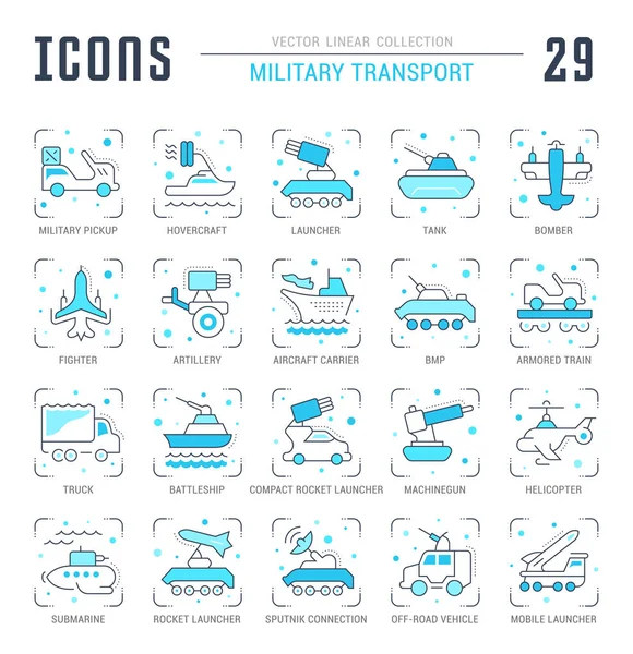 Sbírka Vektorové Ploché Ikony Prvky Tenká Linie Vojenských Prostředků Sada — Stockový vektor