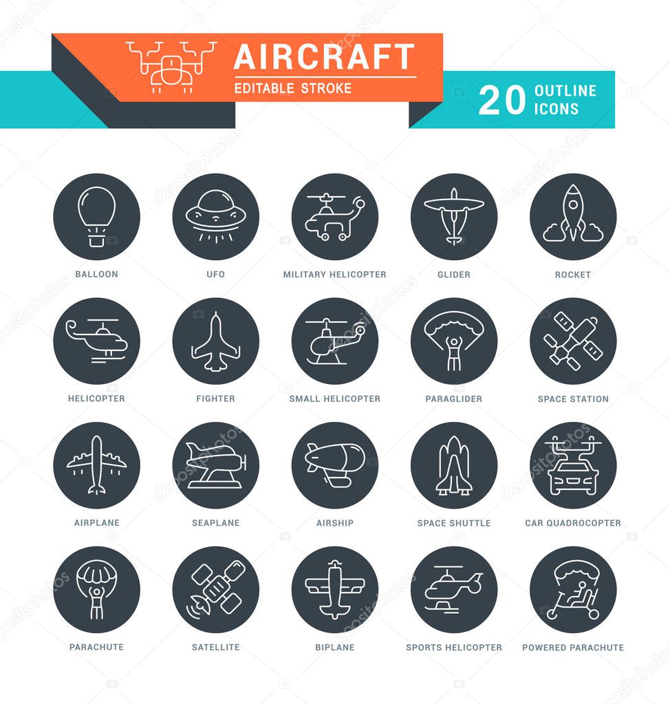 Set of outline white icons on black rounds of aircraft with names. Collection vector thin line signs. Simple linear pictogram pack for web graphics and apps.
