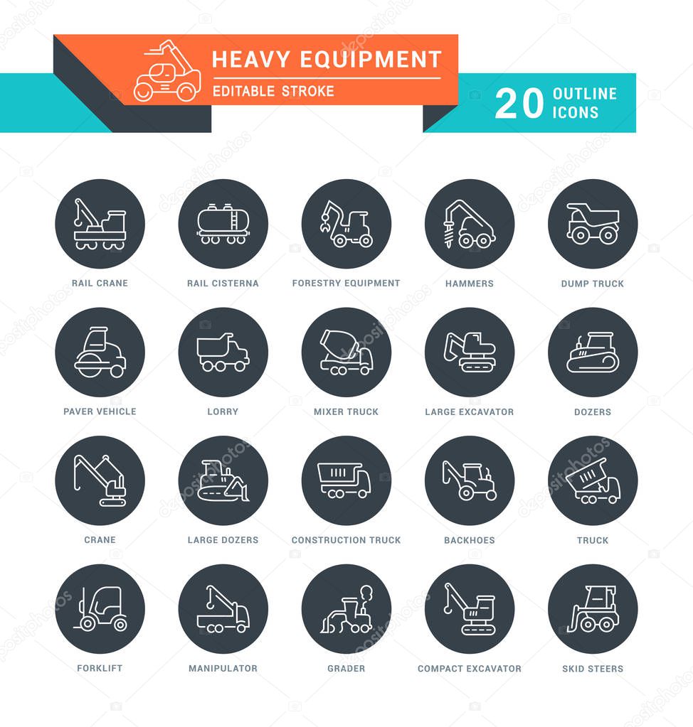 Set of outline white icons on black rounds of heavy equipment with names. Collection vector thin line signs. Simple linear pictogram pack for web graphics and apps.