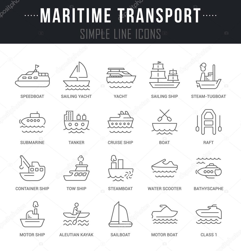 Set of outline signs and symbols of maritime transport with names. Collection vector thin line icons and infographics elements. Simple linear pictogram pack for web graphics and apps.