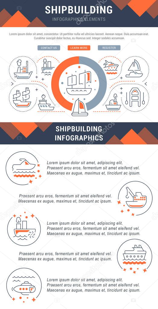 Line illustration of shipbuilding. Concept for web banners and printed materials. Template with buttons for website banner and landing page.