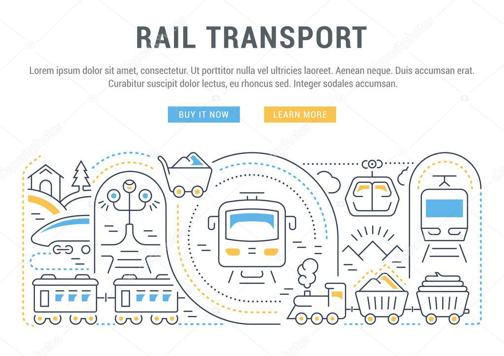 Line illustration of rail transport. Concept for web banners and printed materials. Template with buttons for website banner and landing page.