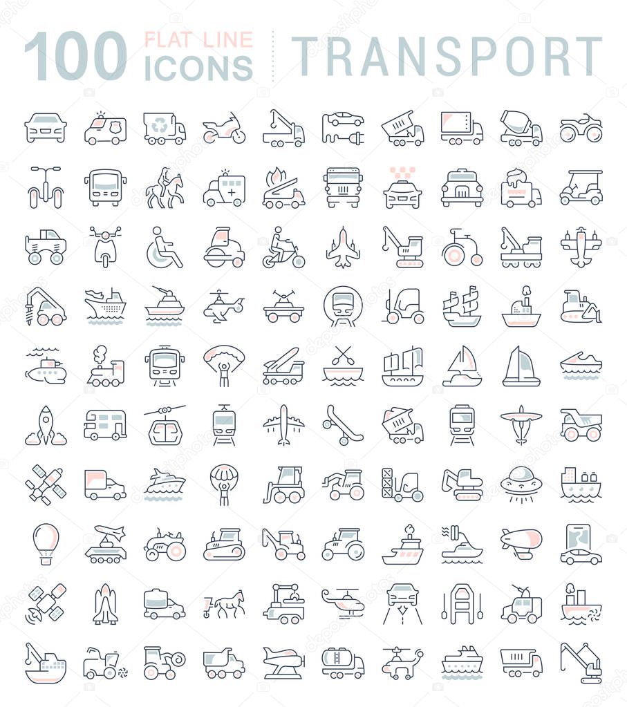 Set of vector line icons, sign and symbols with flat elements of transport for modern concepts, web and apps. Collection of infographics logos and pictograms.