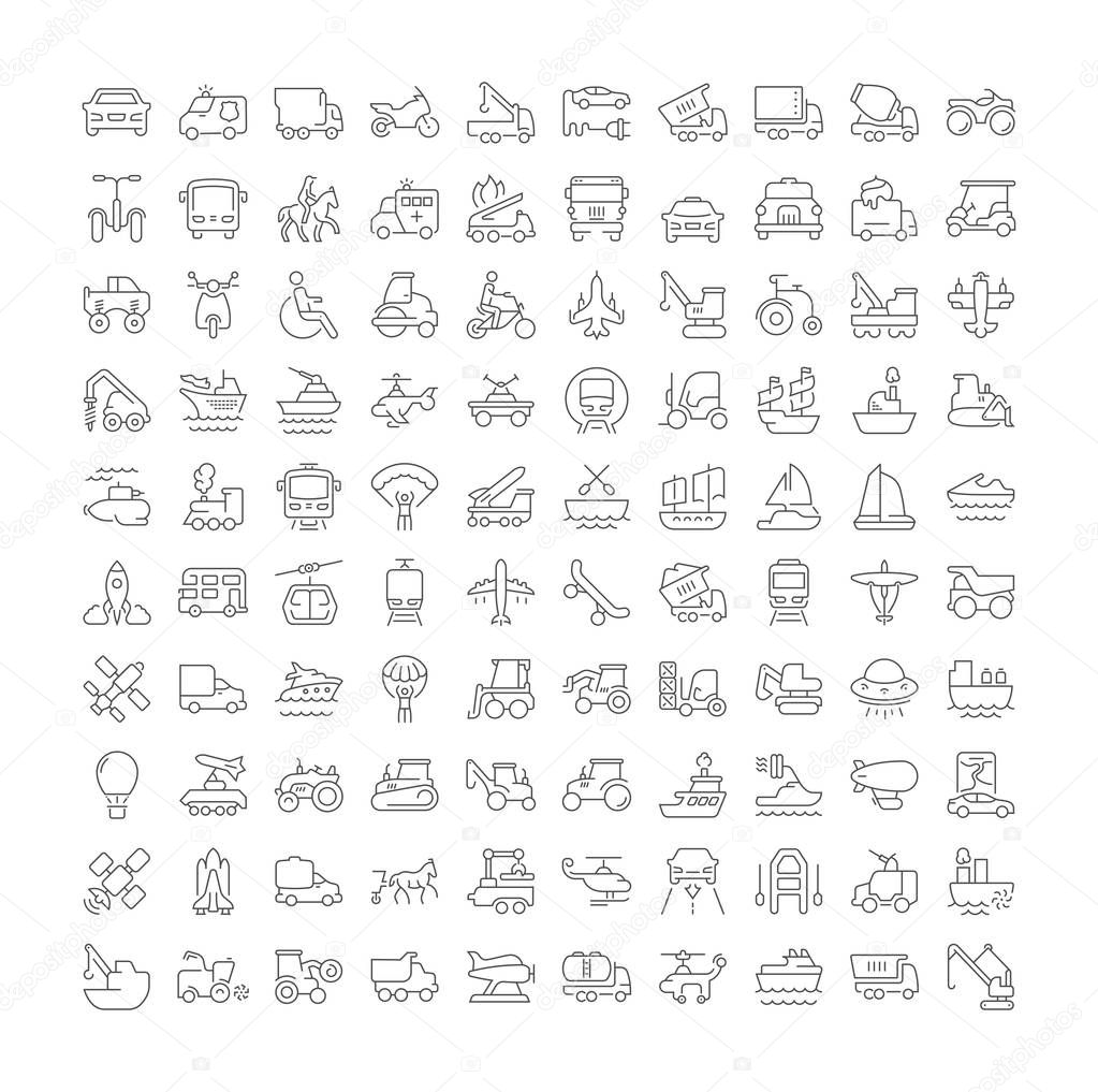 Collection of line gray icons of transport. Set of vector simple concepts for creative projects and apps. Info graphics elements and pictograms.