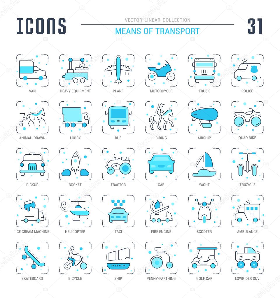 Collection of vector flat icons with thin line elements of means of transport. Set of clean design, and outline signs. Simple linear infographics and pictograms pack for web graphics and apps.