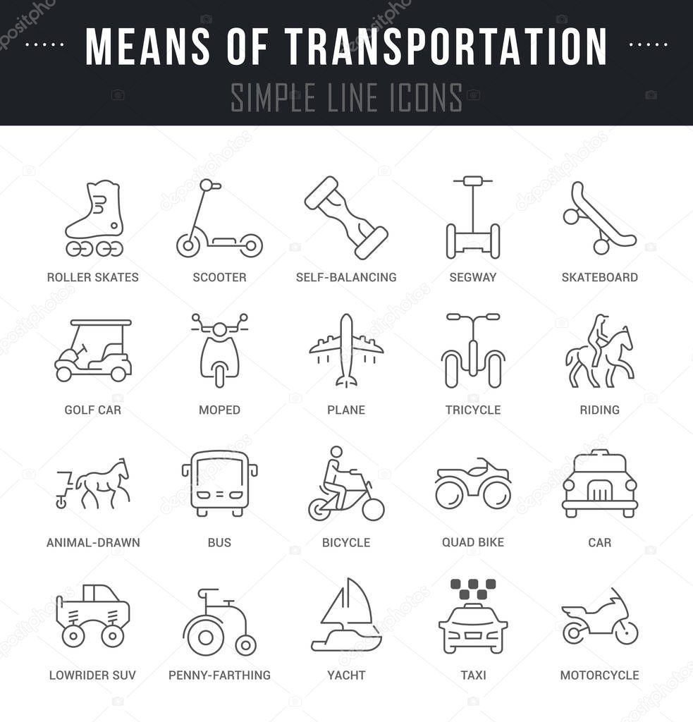 Set of outline signs and symbols of means of transportation with names. Collection vector thin line icons and infographics elements. Simple linear pictogram pack for web graphics and apps.