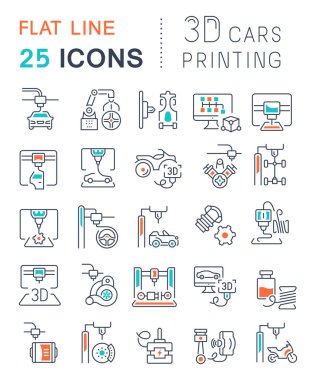 Set of vector line icons, sign and symbols with flat elements of 3d cars printing for modern concepts, web and apps. Collection of infographics logos and pictograms. clipart