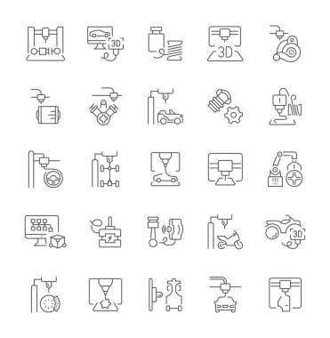 Collection of line gray icons of 3d cars printing. Set of vector simple concepts for creative projects and apps. Info graphics elements and pictograms. clipart