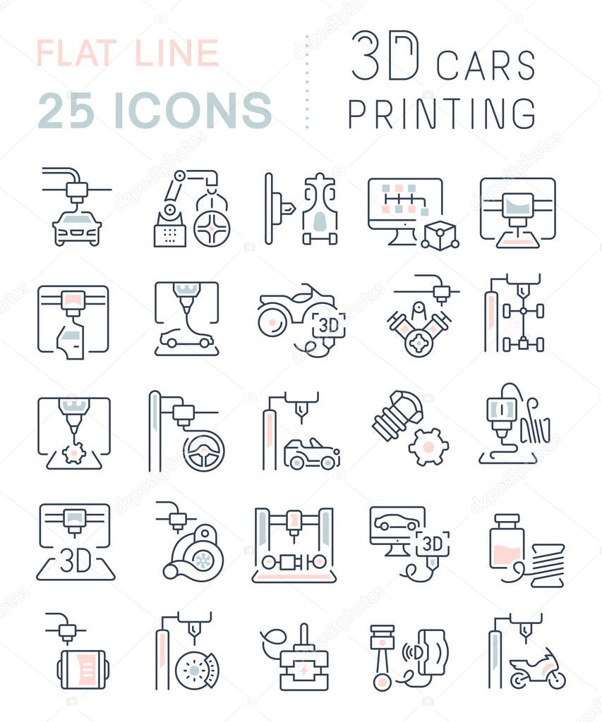 Set of vector line icons, sign and symbols with flat elements of 3d cars printing for modern concepts, web and apps. Collection of infographics logos and pictograms.