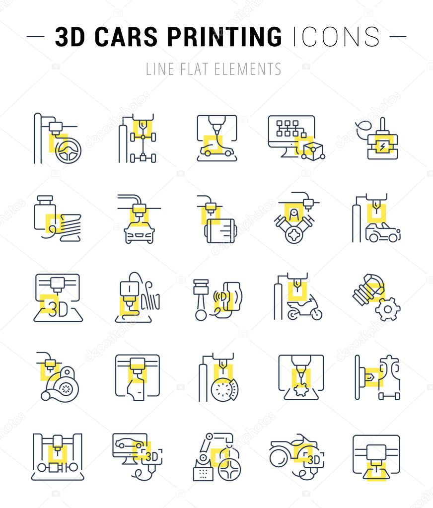 Set of vector line icons and signs with yellow squares of 3d cars printing for excellent concepts. Collection of infographics logos and pictograms.