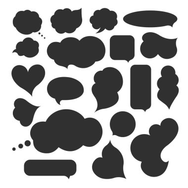 Siyah bulutlar ve kabarcıklar iletişim kümesi. Beyaz bir arka plan üzerinde vektör koleksiyon. Saf boş konuşma balonları.