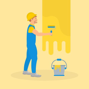 Düz adam resmi duvar boyar. Web sayfaları için vektör çizim.