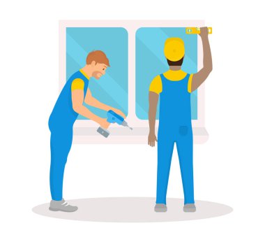 İnşaatçılar düz Illustration. Bir yedek pencere yükleyin. Web sayfaları için vektör çizim.