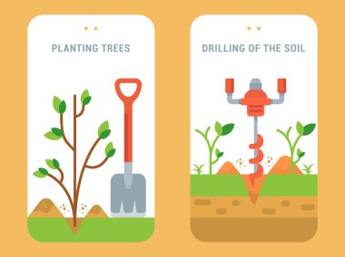 Web siteleri ve mobil uygulama için vektör kartları. Ağaç dikme ve toprak delme.