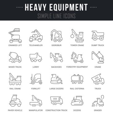 Set of outline signs and symbols of heavy equipment with names. Collection vector thin line icons and infographics elements. Simple linear pictogram pack for web graphics and apps. clipart