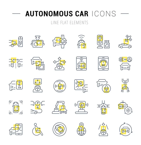 Zestaw Wektor Linii Ikony Znaki Żółte Kwadraty Autonomiczne Samochodu Fantastyczny — Wektor stockowy