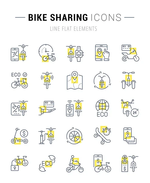 Conjunto Ícones Linha Vetorial Sinais Com Quadrados Amarelos Compartilhamento Bicicletas — Vetor de Stock
