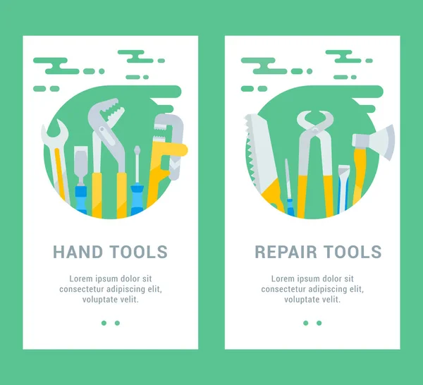 Vector Kaarten Voor Websites Mobiele Applicatie Hand Reparatie Tools — Stockvector