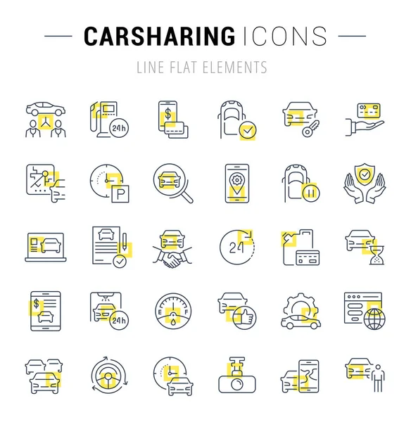 Carsharing Mükemmel Kavramları Için Sarı Kareler Ile Vektör Hat Simgeler — Stok Vektör