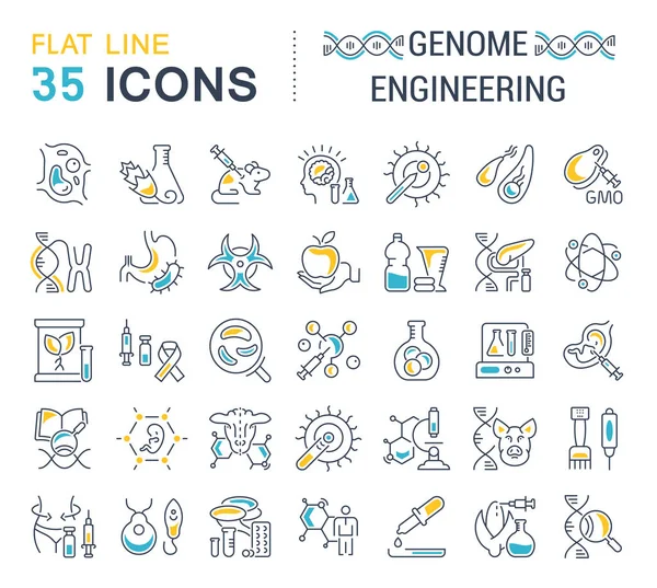 Zestaw Ikon Linii Wektor Znak Symbole Płaskich Elementów Inżynierii Genomu — Wektor stockowy