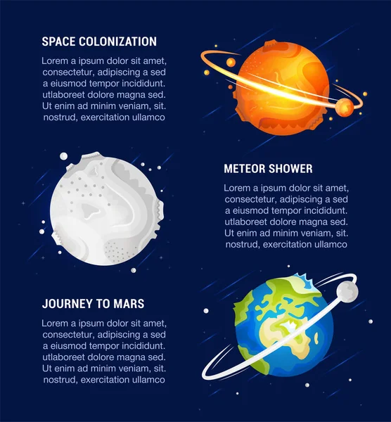 Conjunto Banners Espaciais Coloridos Ilustrações Vetoriais Colonização Espacial Viagem Marte — Vetor de Stock