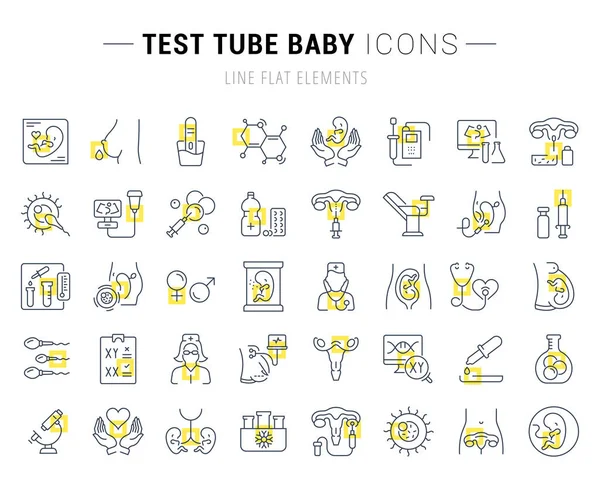 Set Vector Line Icons Signs Yellow Squares Test Tube Baby — Stock Vector