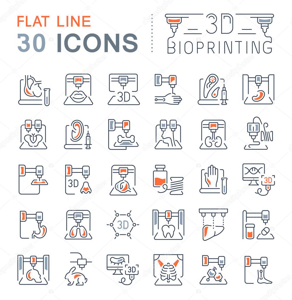 Set of vector line icons, sign and symbols with flat elements of 3d bioprinting for modern concepts, web and apps. Collection of infographics logos and pictograms.