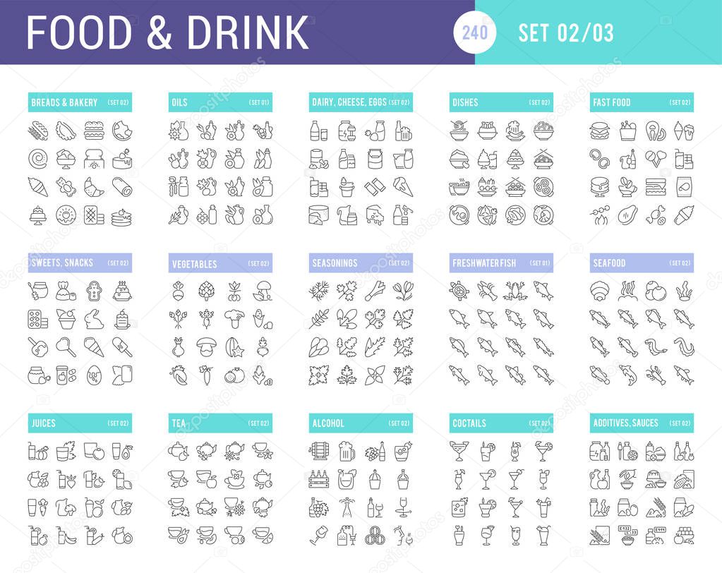 Big collection of linear icons. Set of food, drinks. Sweets, meat, dairy, bakery, cheese, eggs, dishes, fast food, vegetables, spices seafood tea alcohol fruits herbs coffee leaf and others