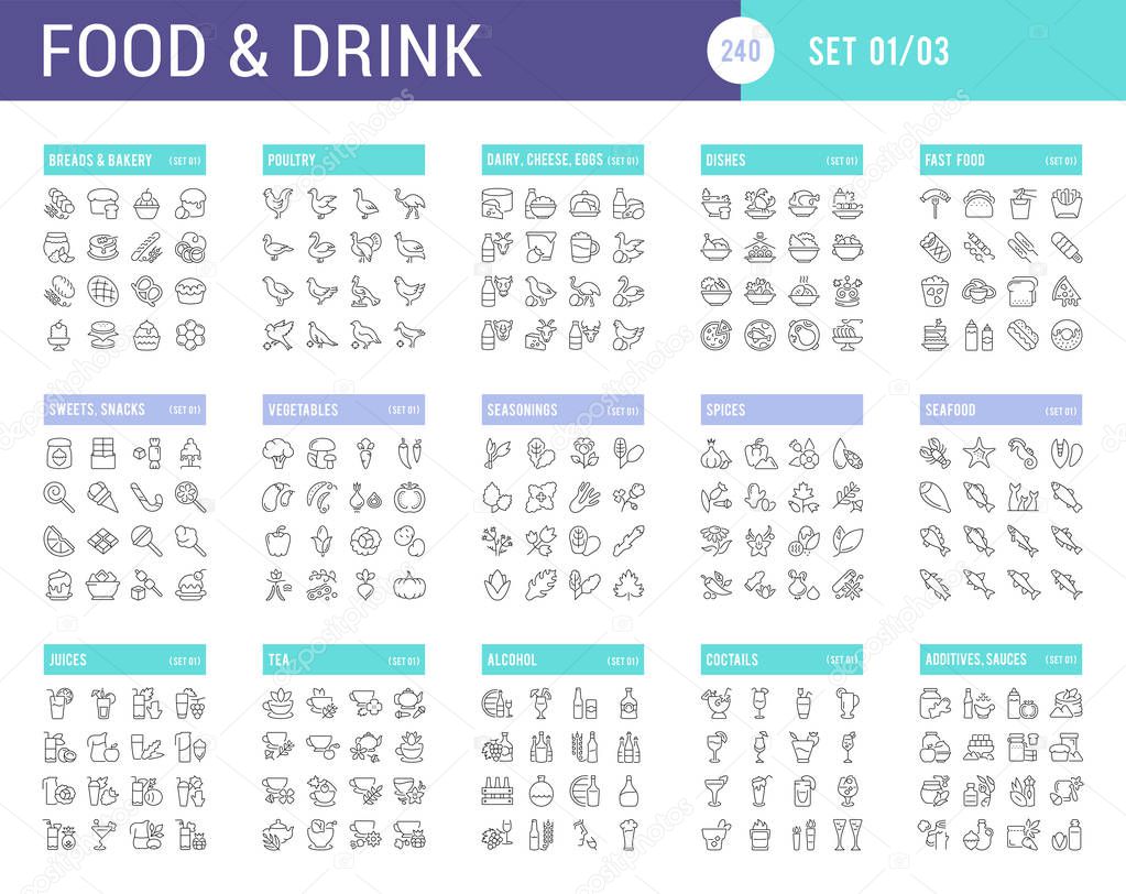 Big collection of linear icons. Set of food, drinks. Sweets, meat, dairy, bakery, cheese, eggs, dishes, fast food, vegetables, spices seafood tea alcohol fruits herbs coffee leaf and others